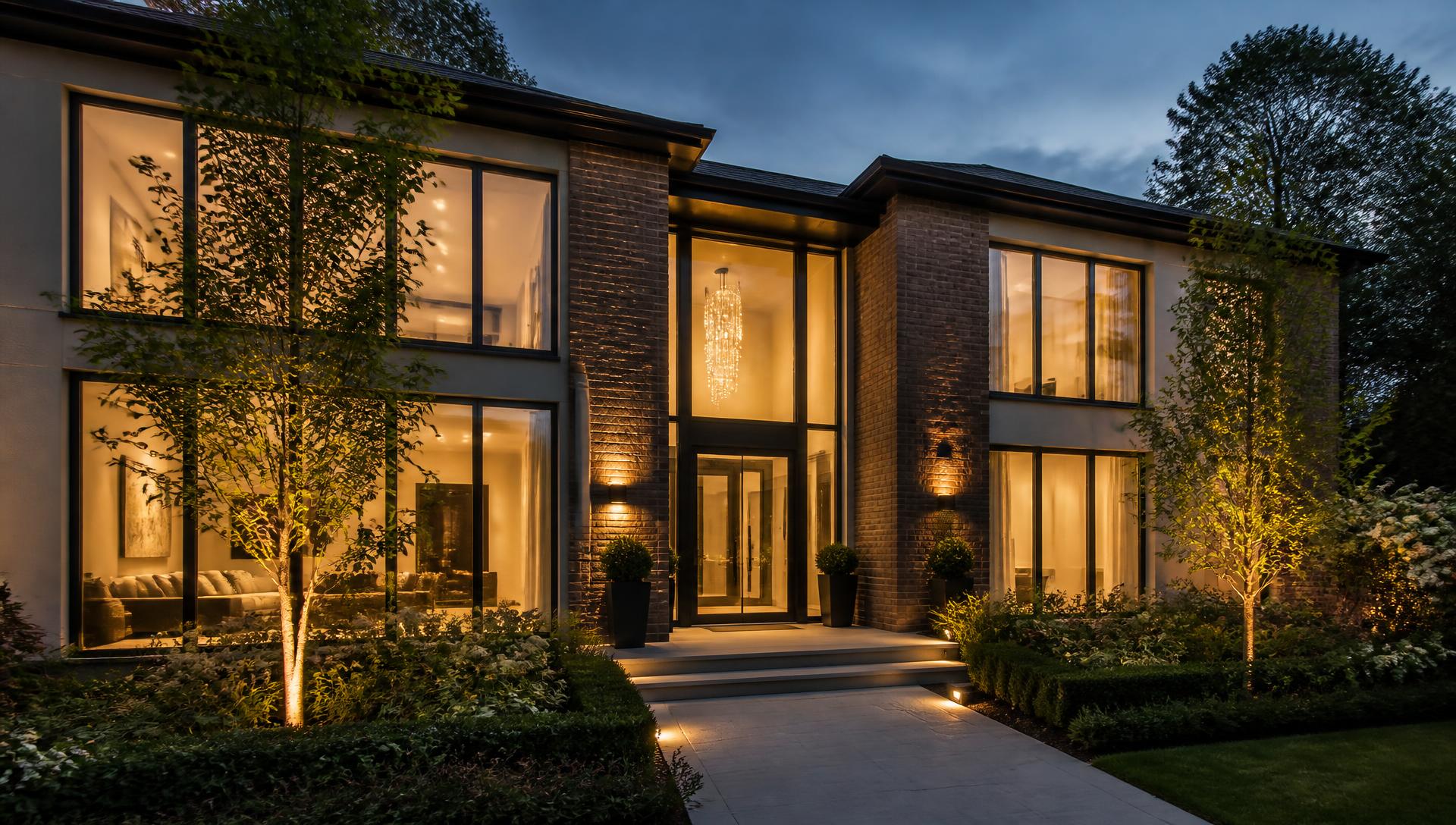Contemporary British home at dusk with large glazed windows and doors